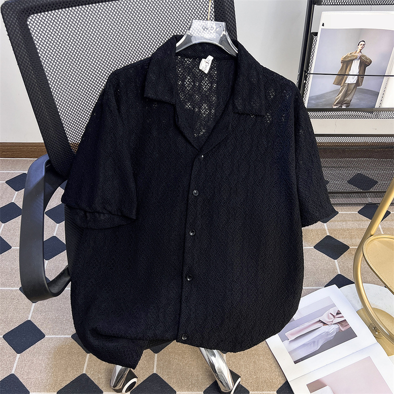 Men's Clothing Thin Breathable Hollow Short Sleeved Shirt Five Point Sleeve Shirt_voghion.com