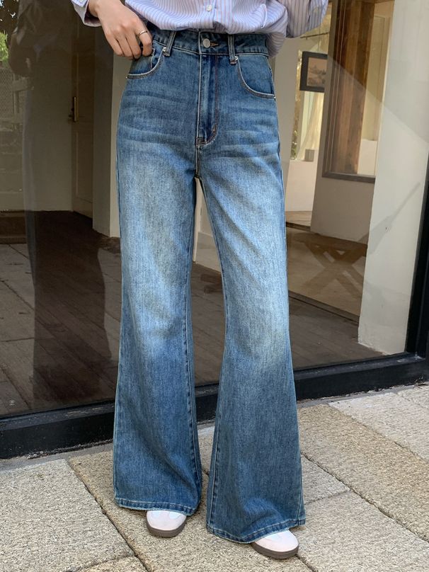 Micro-Pull-Jeans für Damen, Herbst 2025, neue koreanische Version, hoch tailliert, dünn und vielseitig, Retro-Waschung, blaue Hose mit weitem Bein_voghion.com