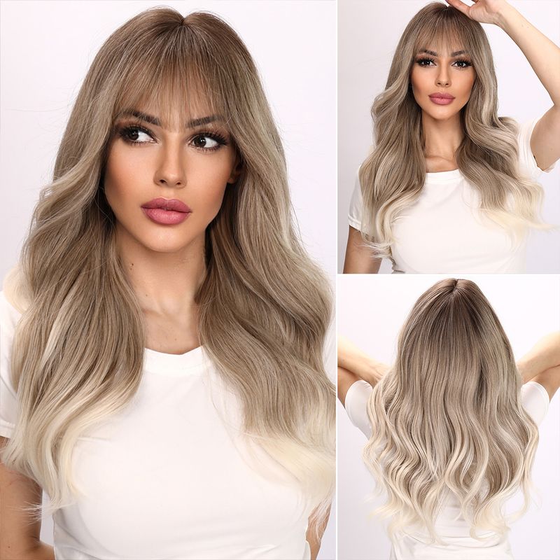 Smilco Grey To White Long Wavy Wigs With Straight Bangs For Women Cosplay Party Daily Synthetic Hair Heat Resistant Wig_voghion.com
