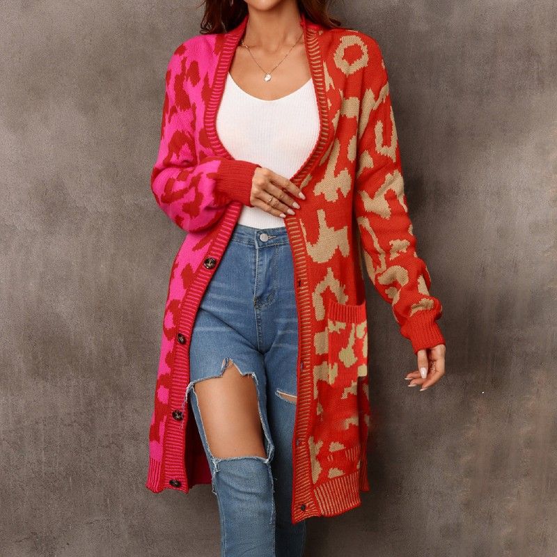 Women's Leopard Print Blend Knit Cardigan Longline Coat - Stylish & Comfortable Open Front Sweater For Fall & Winter​_voghion.com