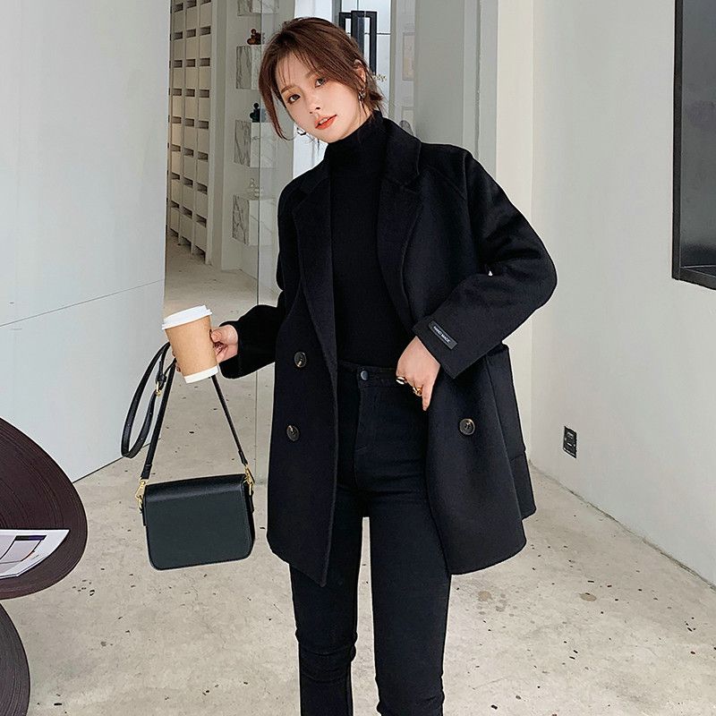 2024 early spring new plus size medium long loose suit Hepburn style black woolen coat for women_voghion.com