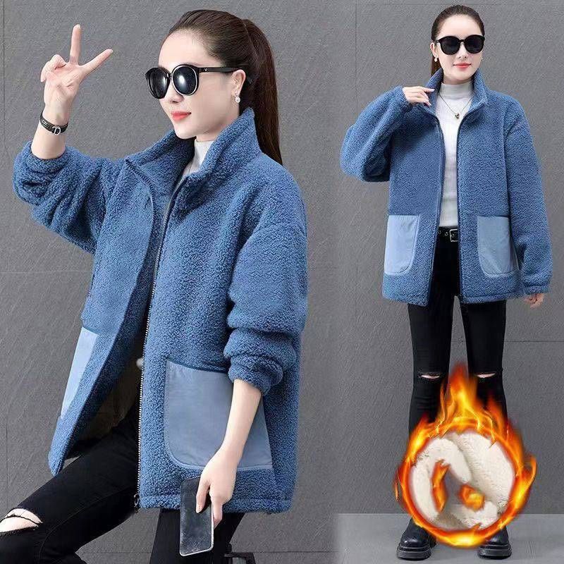 Women's Clothing lamb plush short jacket spring and autumn large size loose cardigan zipper top jacket_voghion.com