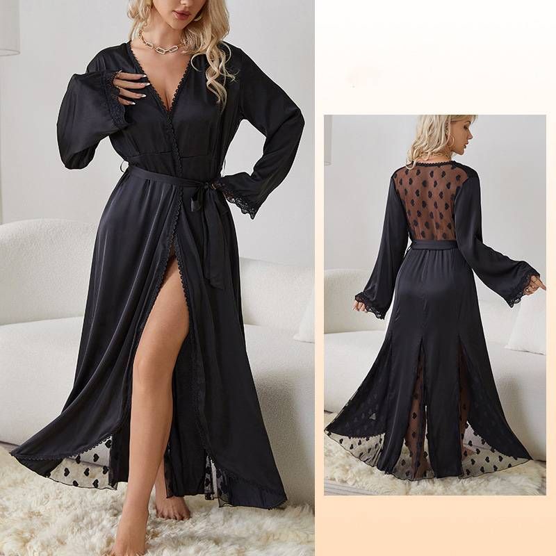 Nachtwäsche für Damen, sexy, reines Verlangen, Liebes-Netz-Pyjama, Morgenmantel, langes Nachthemd aus Eisseide, Außenmantel_voghion.com