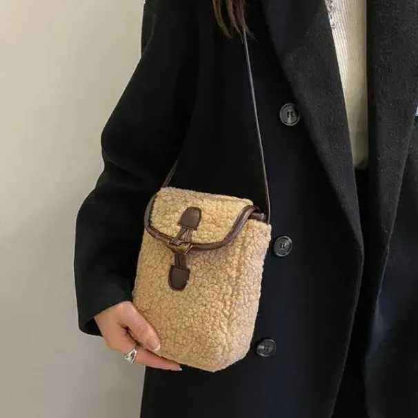 Designer Winter Lambswool Phone Artificial Fur Shoulder Cute Portable Womens Plush Cross shaped Bag Square Wallet_voghion.com