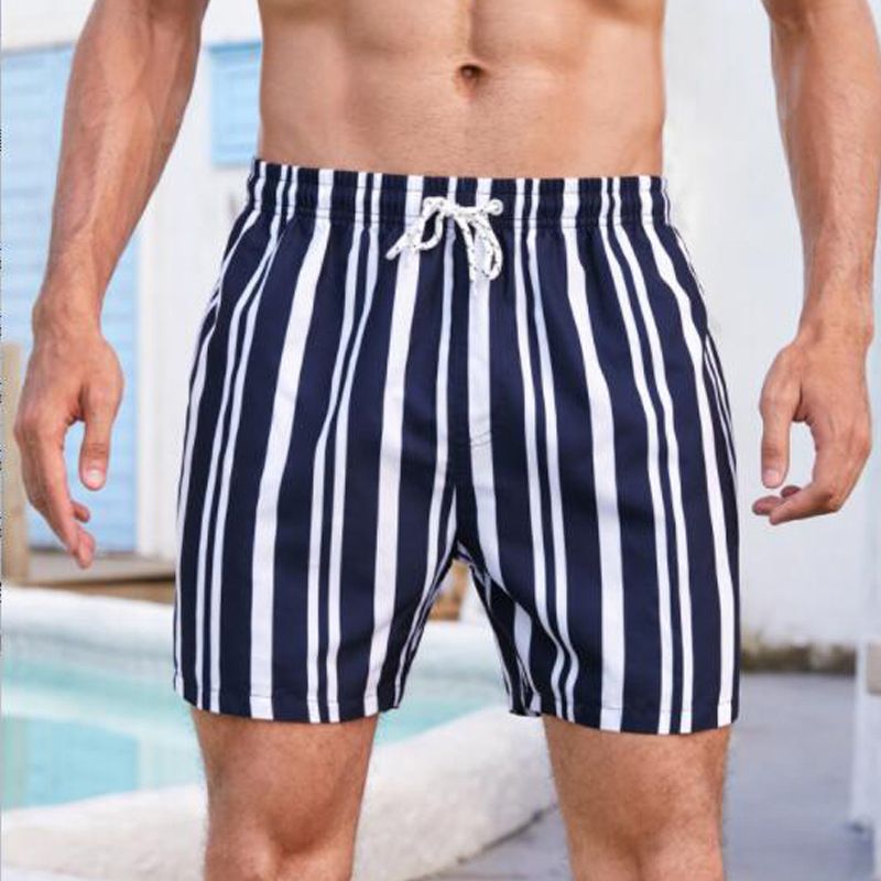 Men's shorts factory spot foreign trade cross-border striped European and American sizes with triangle mesh digital printing beach pants_voghion.com