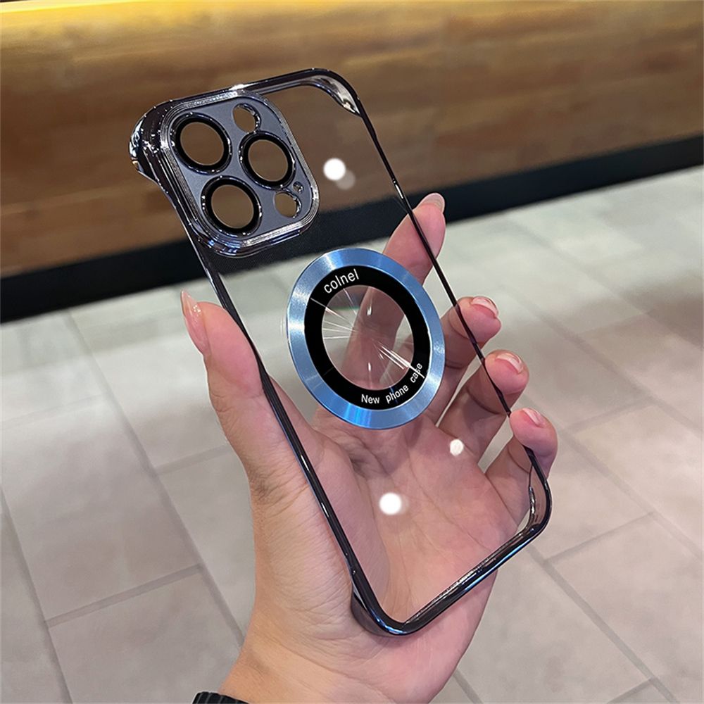 Cassa del telefono trasparente senza cornice placcatura per iPhone 14 Plus 13 12 Pro Max Hole per copertura di ricarica wireless magnetica Magsafe_voghion.com