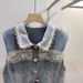 Renda Patchwork Denim Feminino Primavera Novo Estilo, Design Moderno, Colete Casual, Alça de Ombro_voghion.com