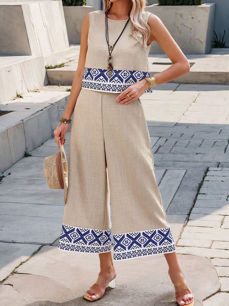 Abbigliamento da donna Nuova estate Stampa casuale Schiena scoperta Top Pantaloni a gamba larga Abiti casual Stile etnico da donna_voghion.com