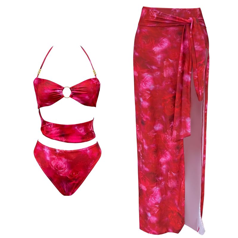 Damenbekleidung Bademode Neuer Retro-Farbdruck Multi Rope Hollow Sexy Einteiliger Badeanzug Frauen Halbkörper Einteiliger Wickelrock-Set_voghion.com