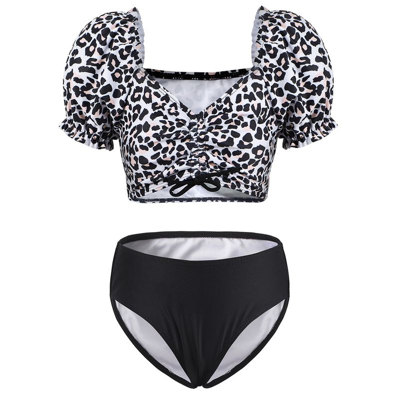 Matka i dzieci 2024 Lato Nowy Dziecięcy Strój Kąpielowy Bufiaste Rękawy Leopard Print Split Swimsuit Dziewczęcy Zestaw Bikini dla Dzieci_voghion.com