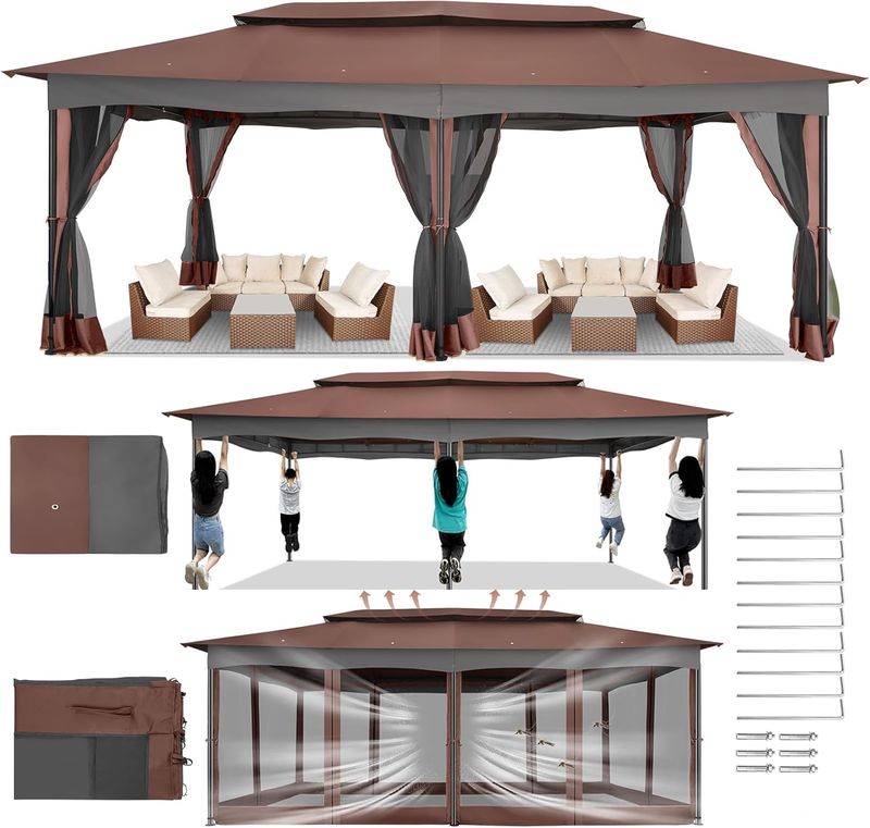 12x20 Gazebo On Clearance, Outdoor Gazebo Tent With Mosquito Netting And Ventilated Double Flat Roof, Easy Set Up Canopy Tent With Stable Metal Frame_voghion.com