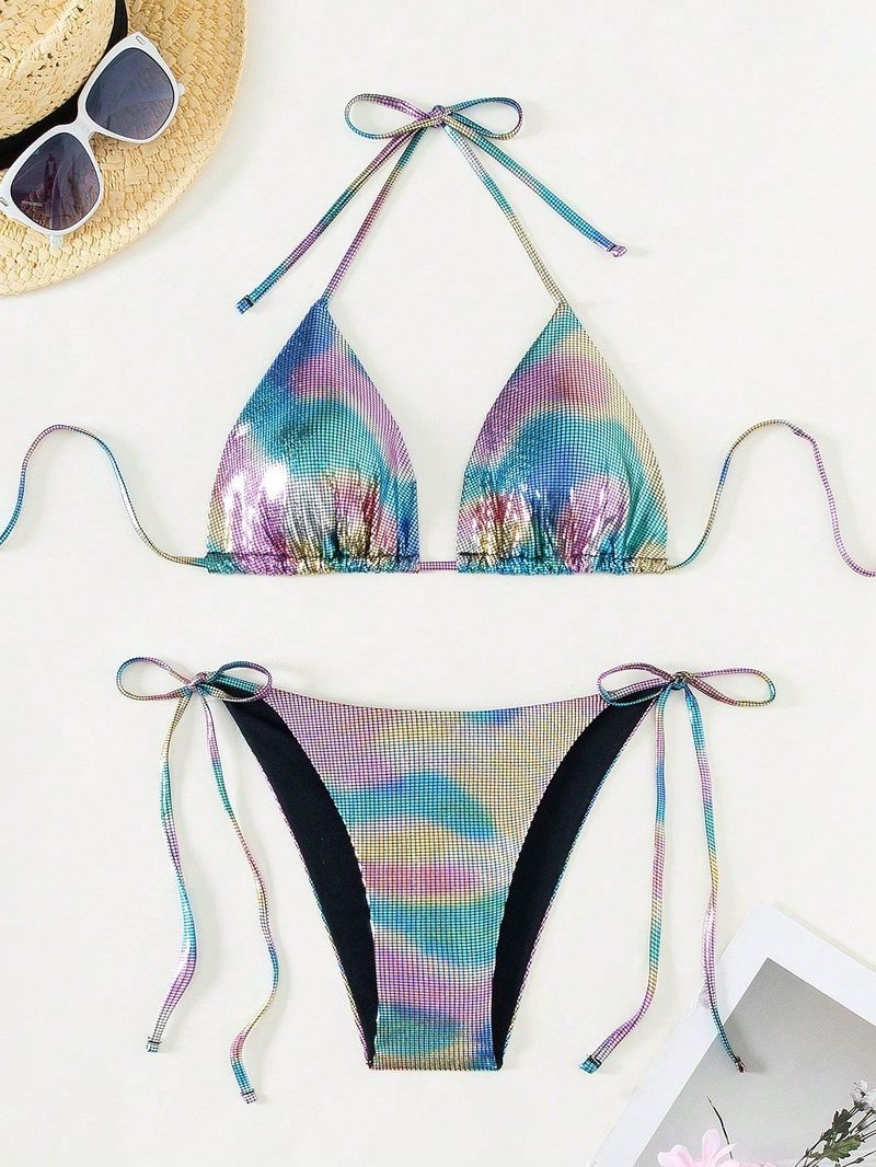 Dammekleeder Bikini Badekostüm ouni Schleifen Réck Dräi-Punkt-Hängenausschnëtt Design Polyester Stoff_voghion.com