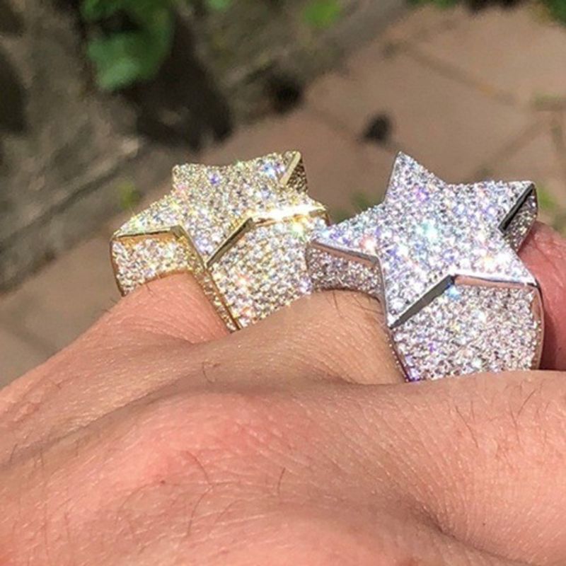 Hip Hop Full Diamond Micro Pave Pentagram Ring Men's Jewelry_voghion.com