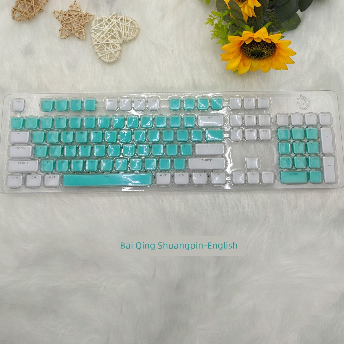 Klawiatura mechaniczna z kryształkami lodu, przezroczysta, zamknięta, dwukolorowa, z fioletowym, jasnym grawerunkiem laserowym Hine_voghion.com