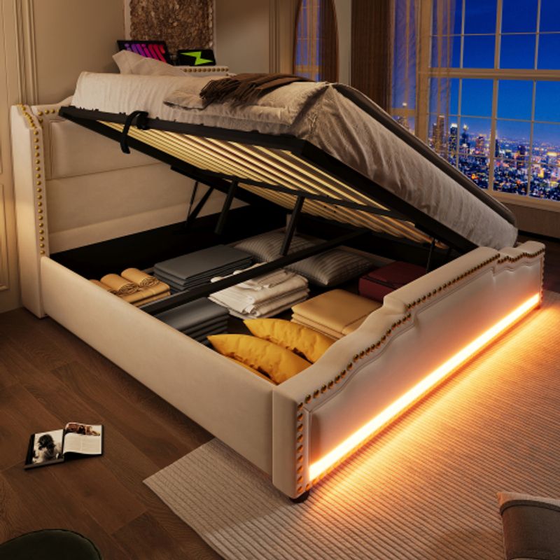 Polsterbett 140x200, Doppio Con Stauraum Hydraulischem, LED-Beleuchtung E USB-C-Ladeanschluss, Stauraumbett E Jugendbett Con Lattenrost, Samt, Beige, Ohne Matratze_voghion.com
