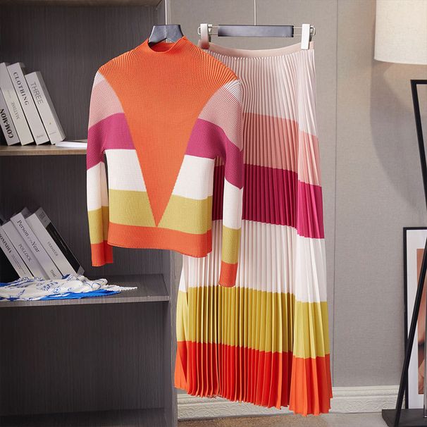 Women's Clothing 2024 Autumn Fashion Printed Pleated Splicing Suit Women's Tops All match Midi Skirt Two piece Suit_voghion.com