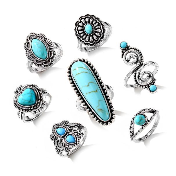 Böhmisches türkisfarbenes Blumenring-Set – 7-teilig Retro-Gelenkdesign Handschmuck Modetrends Verkaufsschlager Einfaches Metall_voghion.com