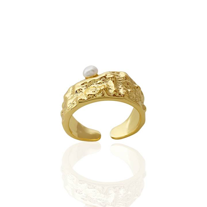 A niche design with a brass gold-plated texture and tin foil ring, a cool and cool style pearl opening index finger ring_voghion.com