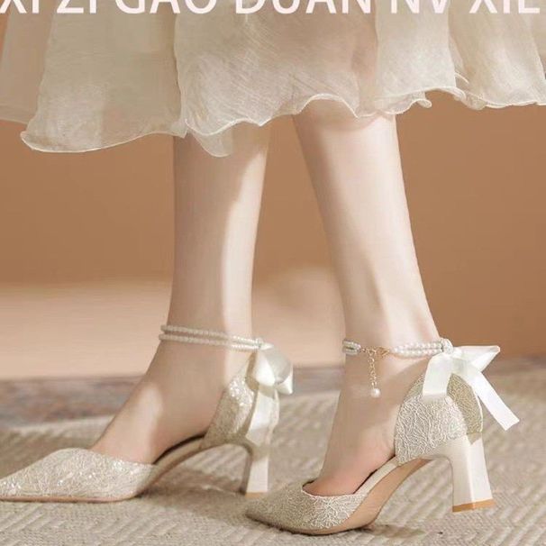 French High Pointed Pearl Buckle Bow 2025 Summer New Thick Heels Single Shoes Hollow Sandals Women's_voghion.com