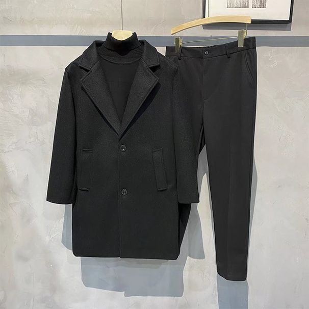 Herren Trenchcoat aus Wollmischung Slim Fit Zweireihig Langer Mantel Lässige Winterjacke Schwarz Grau Beige_voghion.com