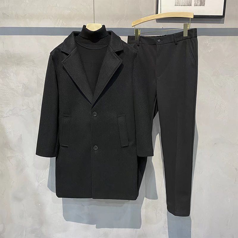 ​Men's Wool Blend Trench Coat Slim Fit Double Breasted Long Overcoat Casual Winter Jacket Black Grey Beige​_voghion.com