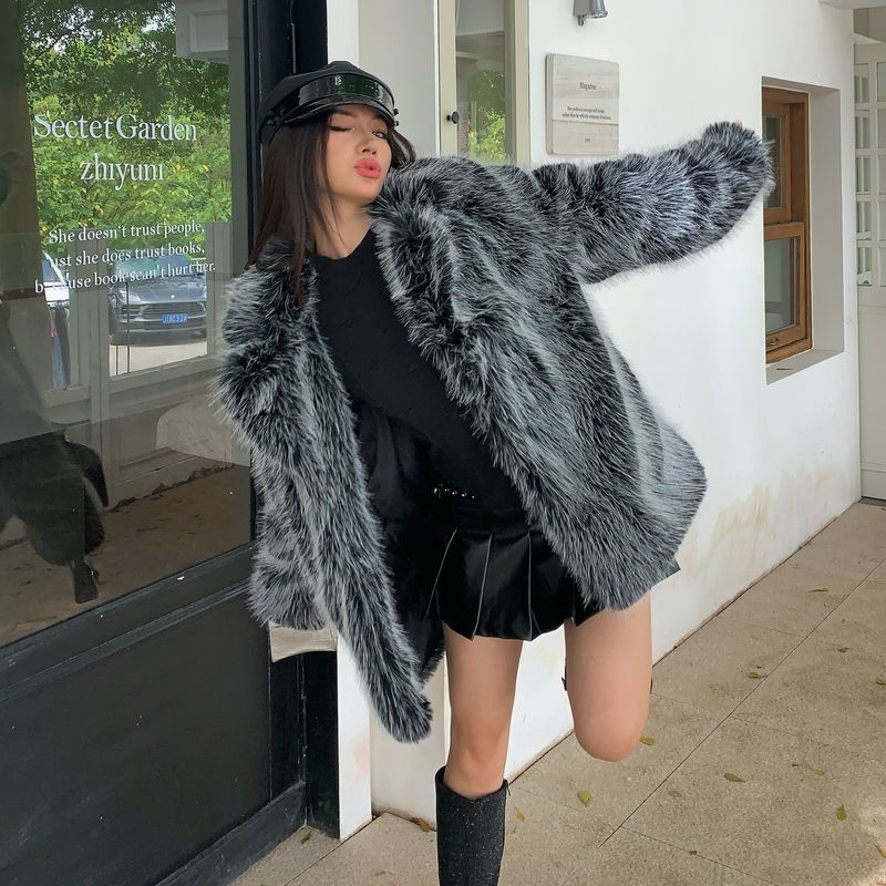 Nuovo autunno inverno per le donne con un collo in pelliccia di volpe di media lunghezza, giacca di peluche spessa, ampia e casual_voghion.com