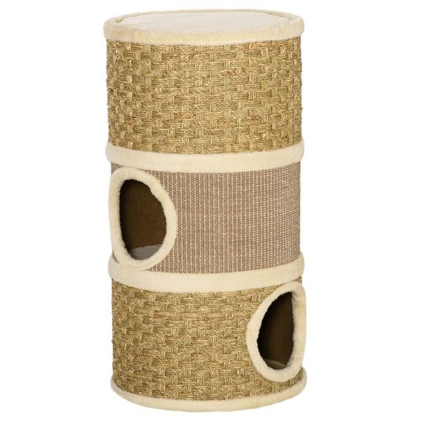 PawHut 28' Multi-Level Cat Condo With Sisal Scratching Pad 3 Story Hideaway For Cats Brown_voghion.com