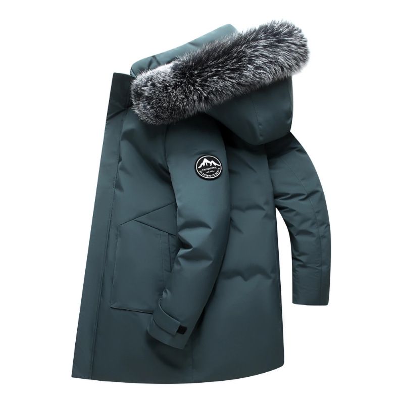 Trendige Oversize-Daunenjacke mit Kapuze – 550FP, weiße Entenfedern, mittellanger Parka mit Kunstpelzbesatz (Schwarz/Blau/Grau)_voghion.com