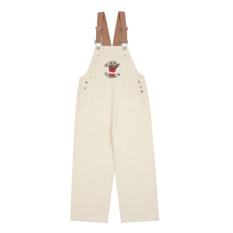Men's vintage embroidered French fries denim overalls men's color-matching pocket design cargo strap jumpsuit pants_voghion.com