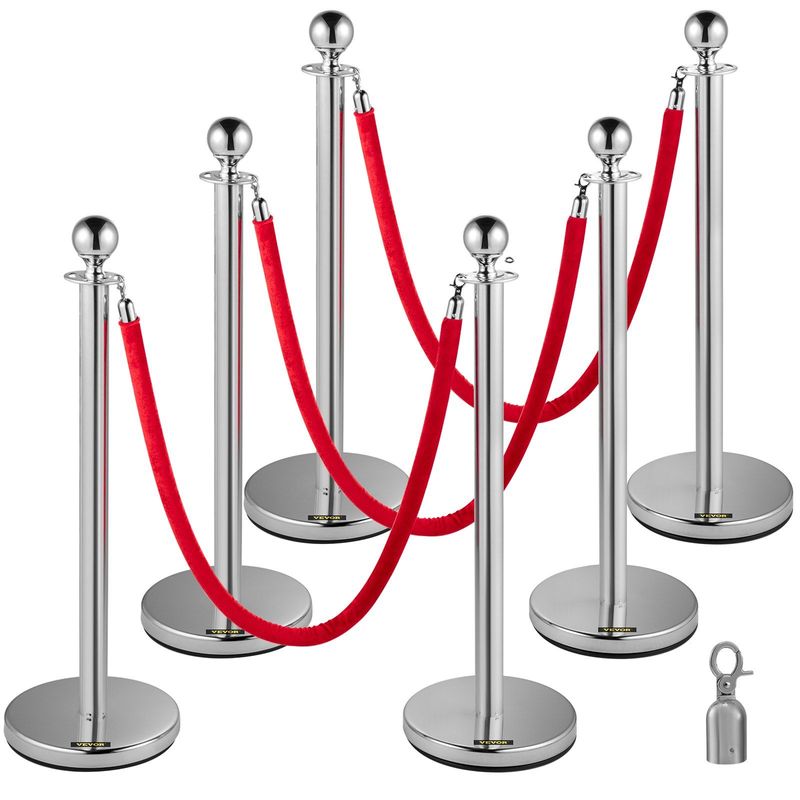 VEVOR 6PCS Red Rope Stanchion Silver Post Crowd Control Queue Line Barrier_voghion.com