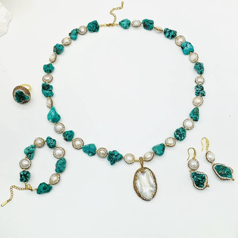 Luxus-Schmucksets im türkischen Stil mit unregelmäßigem Türkiskristall und Süßwasserperlen in Barockform, Kristallquarzschmuck für Frauen_voghion.com