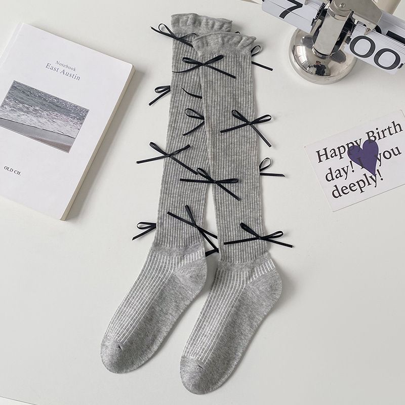 Unisex Solid color multi-bow ballet style calf socks Socks for women thin cute Lolita knee-length lace socks_voghion.com