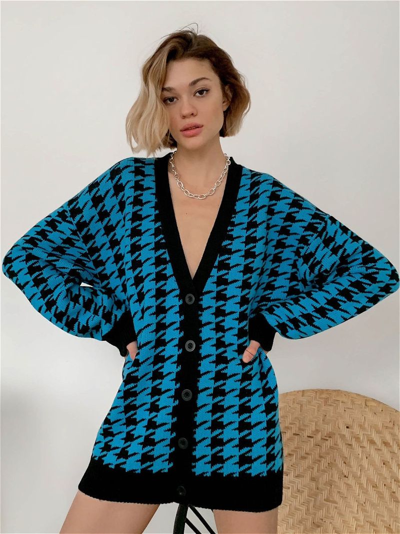 2024 Neuer Pullover für Damen, lockerer V-Ausschnitt, Tausend-Vogel-Checker, langärmeliger Strickjackenmantel in Kontrastfarbe_voghion.com