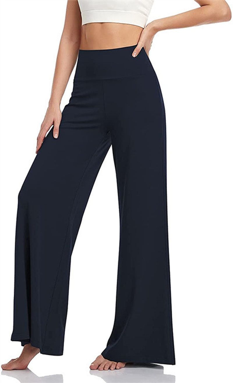 Women's High Waisted Wide Leg Pants - Stretchy Flowy Trousers For Work & Casual, Straight Leg Lounge Pants (Black/Burgundy/Navy/Gray)_voghion.com