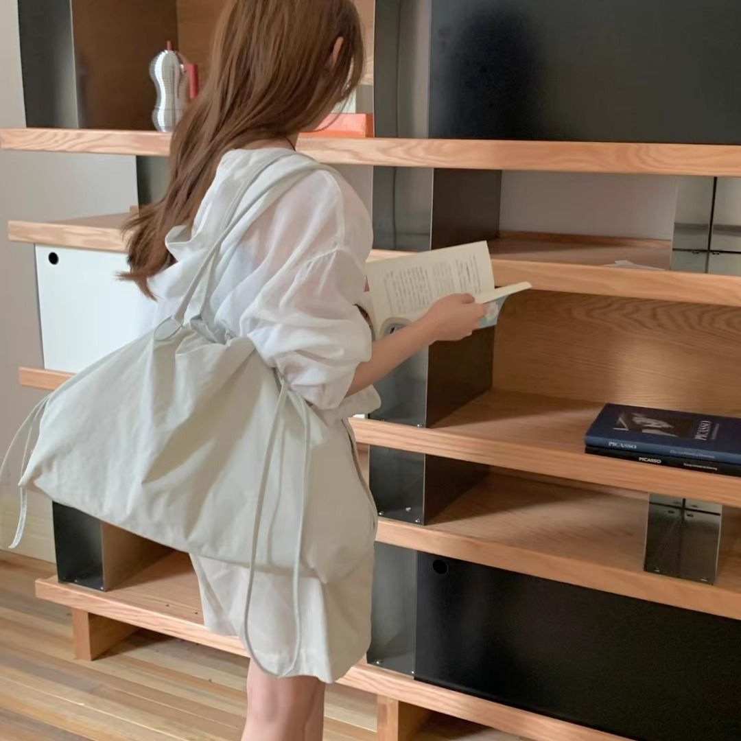 Borsa a tracolla da donna in tessuto lavato coreano, di grande capacità, con tasca con coulisse, nuova moda primavera estate 2025, versatile_voghion.com