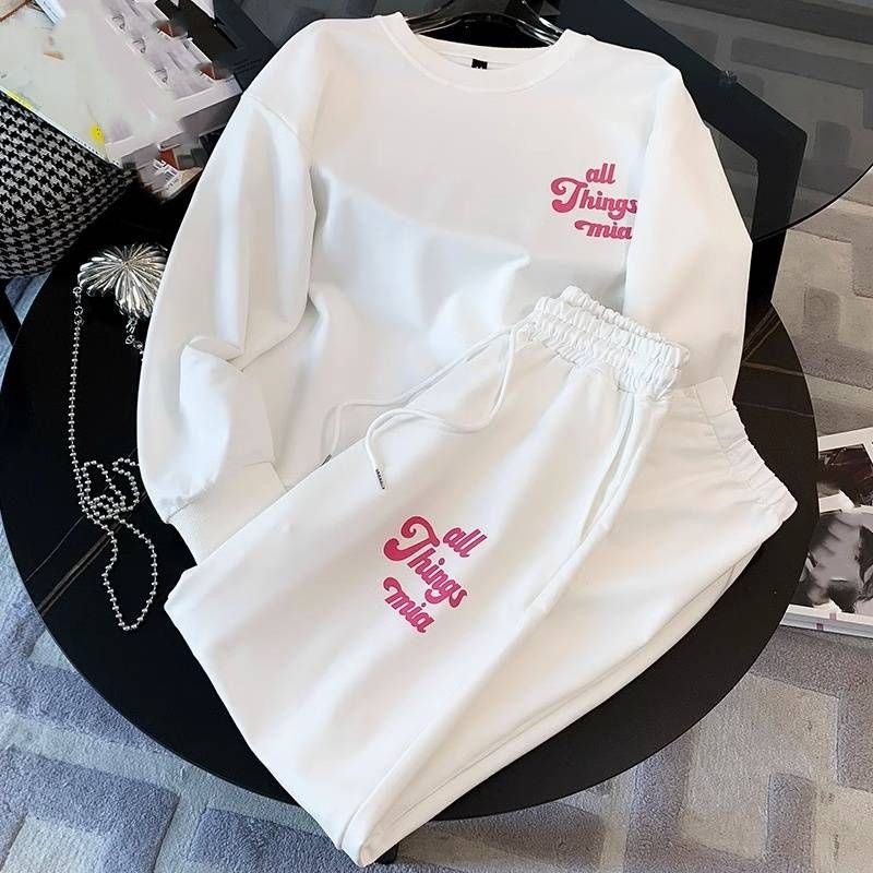 Women's Clothing Round Neck Printed Sweatshirt High Waist Harem Pants Two piece Set Women's White American Casual Sports Suit_voghion.com