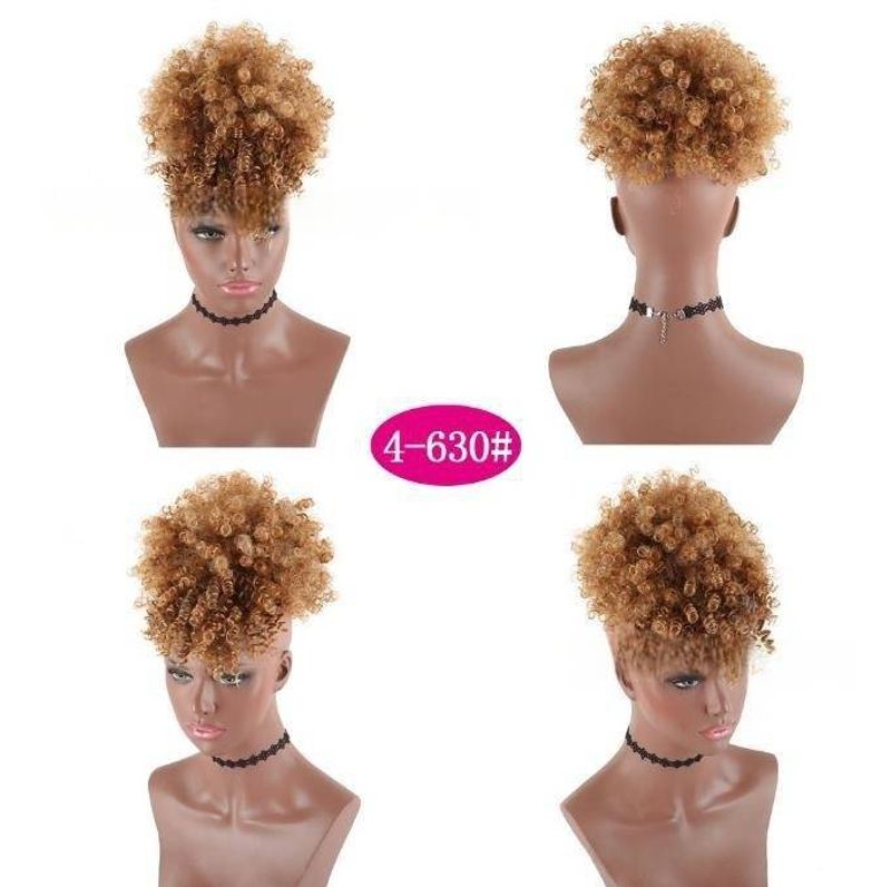 Afro Puff Curly Ponytail Wig With Bangs - Natural-Looking Synthetic Hair, Voluminous & Stylish (Perfect For Cosplay, Daily Wear & Black Hair Styles)​_voghion.com