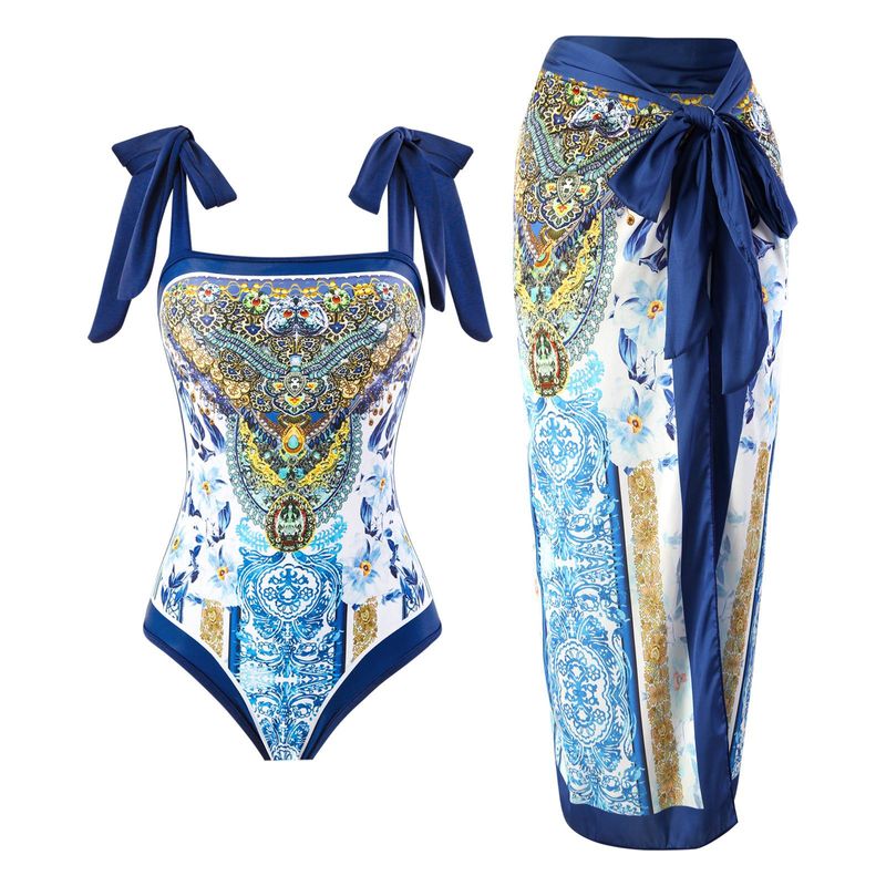 Plus Size Retro Tankini Set, Women's Plus Marble Print Tie Shoulder One Piece Swimsuit & Skirt Two Piece Bathing Suit_voghion.com