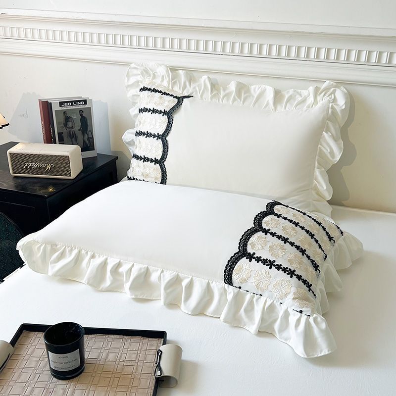 European Style Class A Washed Cotton Solid Color Simple Lace Edge Pillowcase 48x74cm Pair Of 2 Pillow Covers_voghion.com