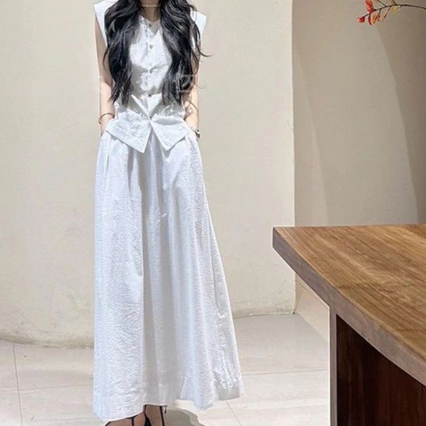 Korean Style Gentle Sleeveless Vest Shirt Summer New High-End Elegant Slimming A-Line Skirt Two-Piece Set_voghion.com