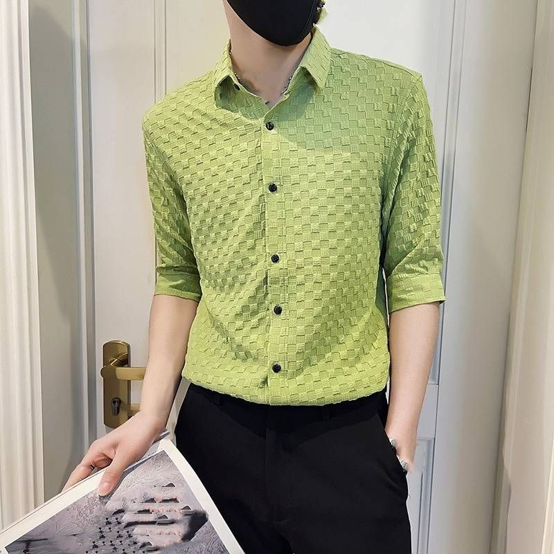 Camisa de manga corta de seda de hielo de alta gama para hombre, moderna camisa de media manga ajustada, ropa informal de verano chic y chic._voghion.com
