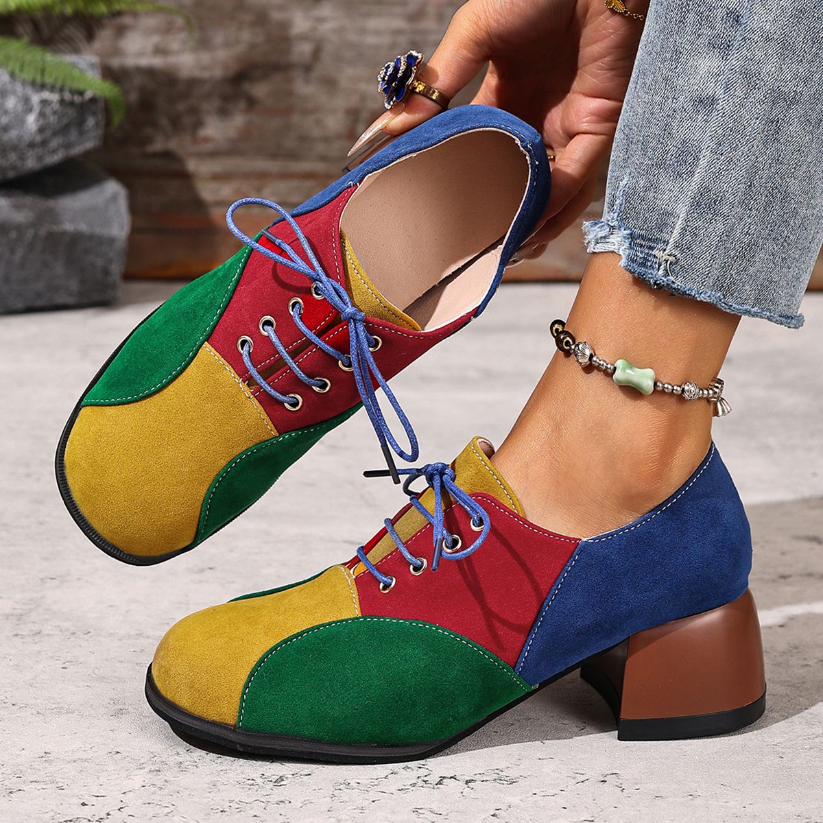 Women's High-heeled Casual Shoes With Color-blocking Design, Artistic And Retro Style, Lace-up Style Women's Shoes_voghion.com