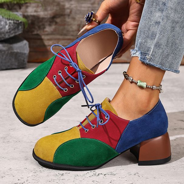 Women's High-heeled Casual Shoes With Color-blocking Design, Artistic And Retro Style, Lace-up Style Women's Shoes_voghion.com