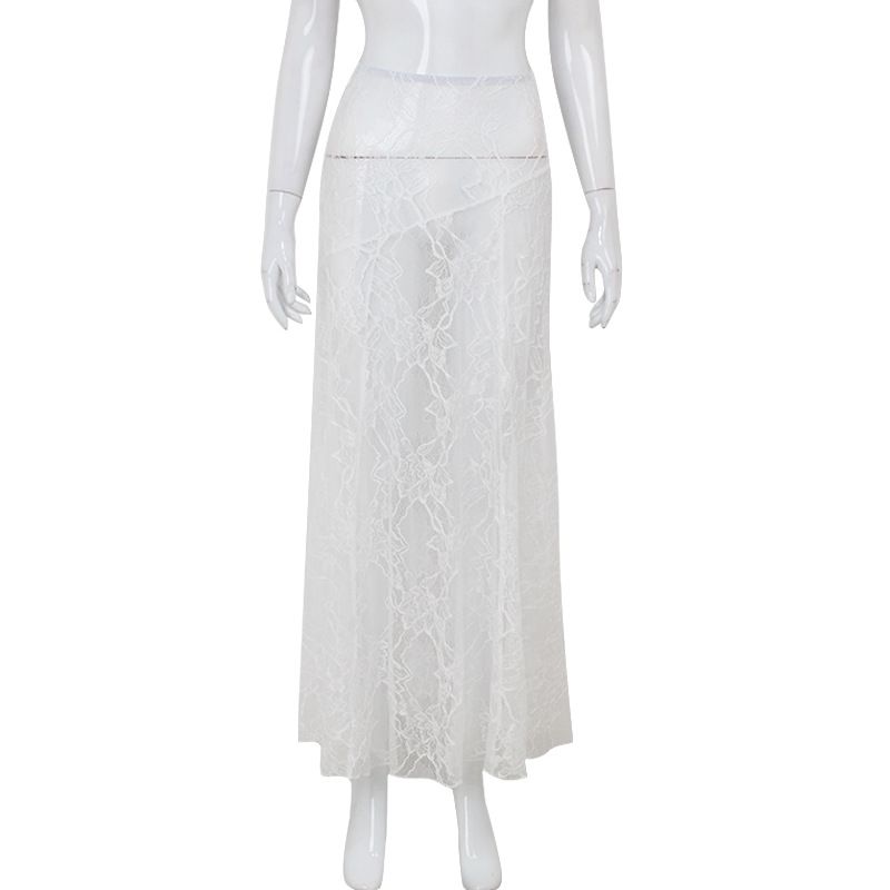 European And American Women's Fashion Lace See Through Sexy Low Waist Skirt Solid Color Summer All Match Skirt Long Skirt_voghion.com
