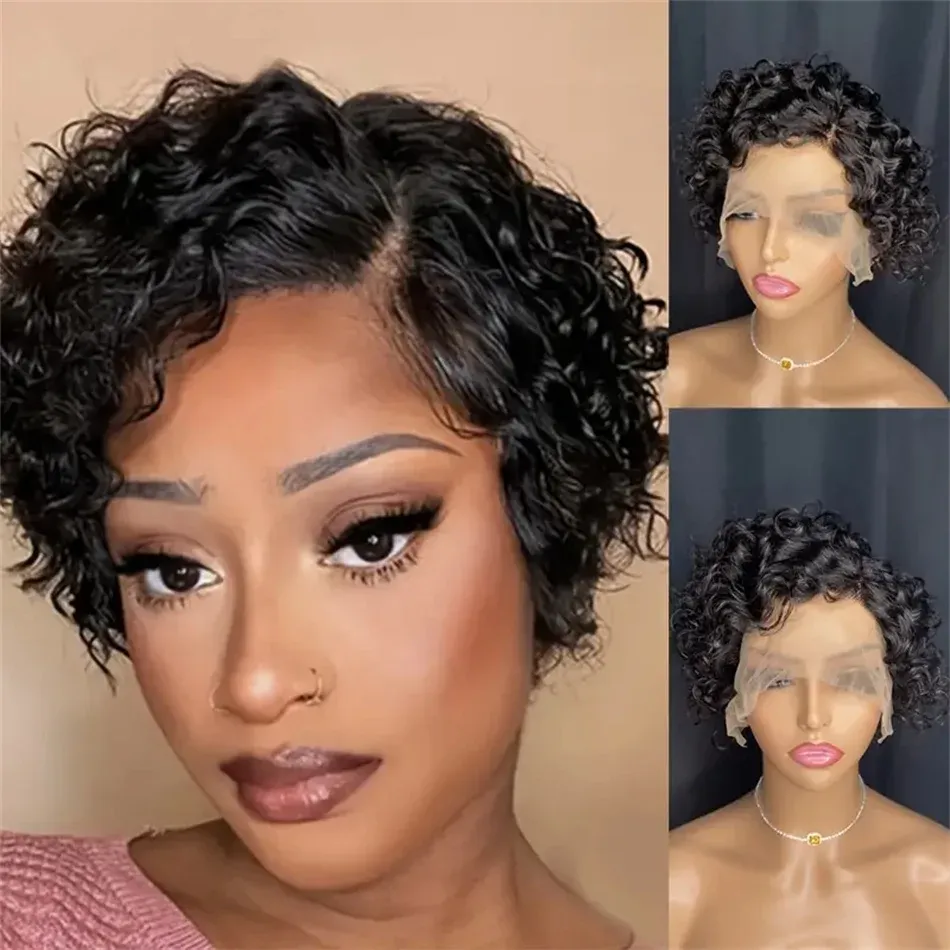 Pixie Cut Curly Transparent Lace Human Hair Brazilian Wig Water Wave Natural Remy Hair 180% Density_voghion.com