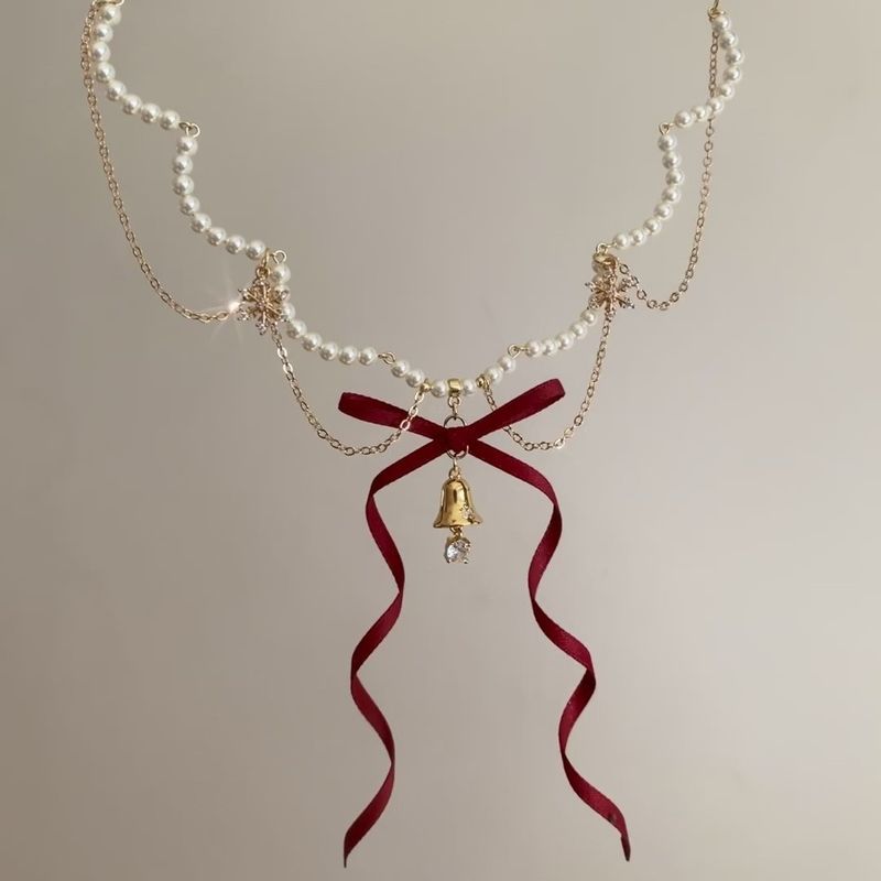 Autunno e inverno nuovo stile fiocco nastro campana perla atmosfera, temperamento, collana di alta moda_voghion.com