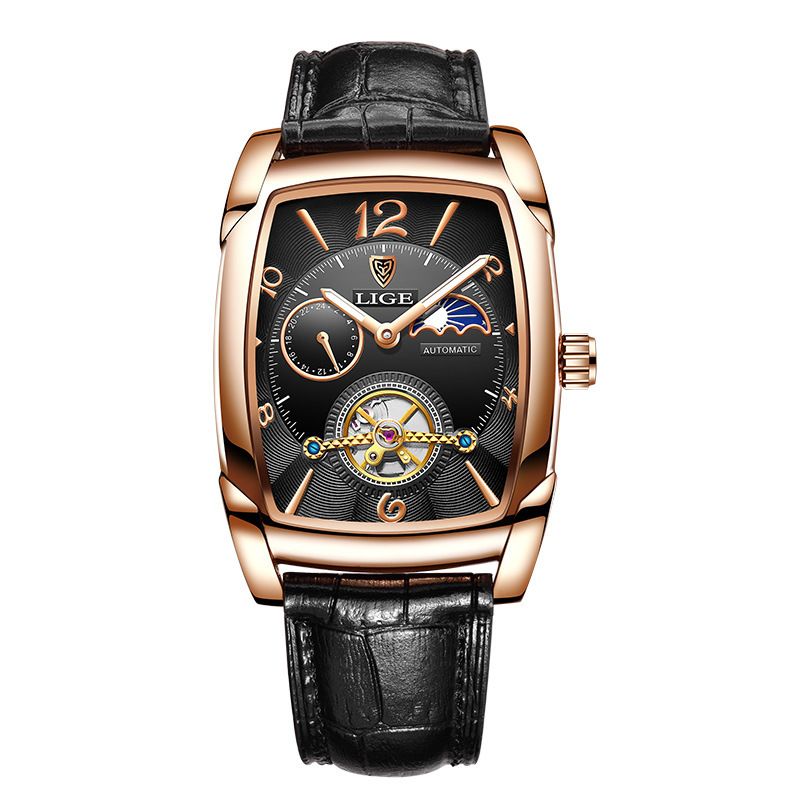 LIGE Men's Fully Automatic Mechanical Watch Square Shell Tourbillon Watch Multi Functional Waterproof Watch 8949_voghion.com