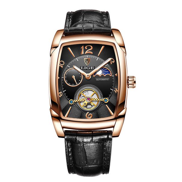 LIGE Men's Fully Automatic Mechanical Watch Square Shell Tourbillon Watch Multi Functional Waterproof Watch 8949_voghion.com