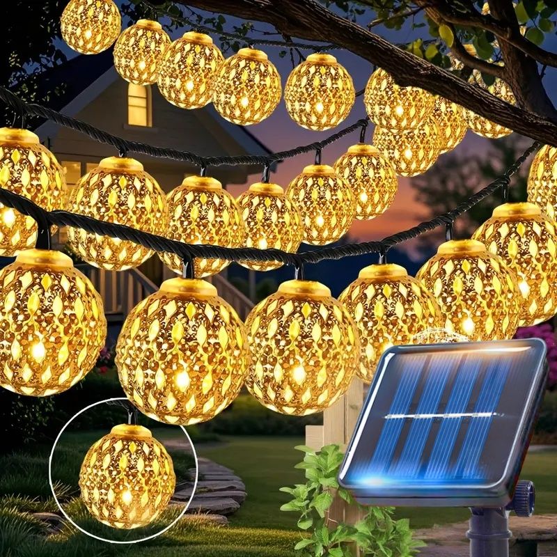 Solar-Lichterkette mit marokkanischen Kugeln für den Außenbereich, 50/30/20 LED-Lichterkette, 8 Modi, für Gartenzaun, Weihnachtsfeier, Urlaubsbeleuchtung_voghion.com