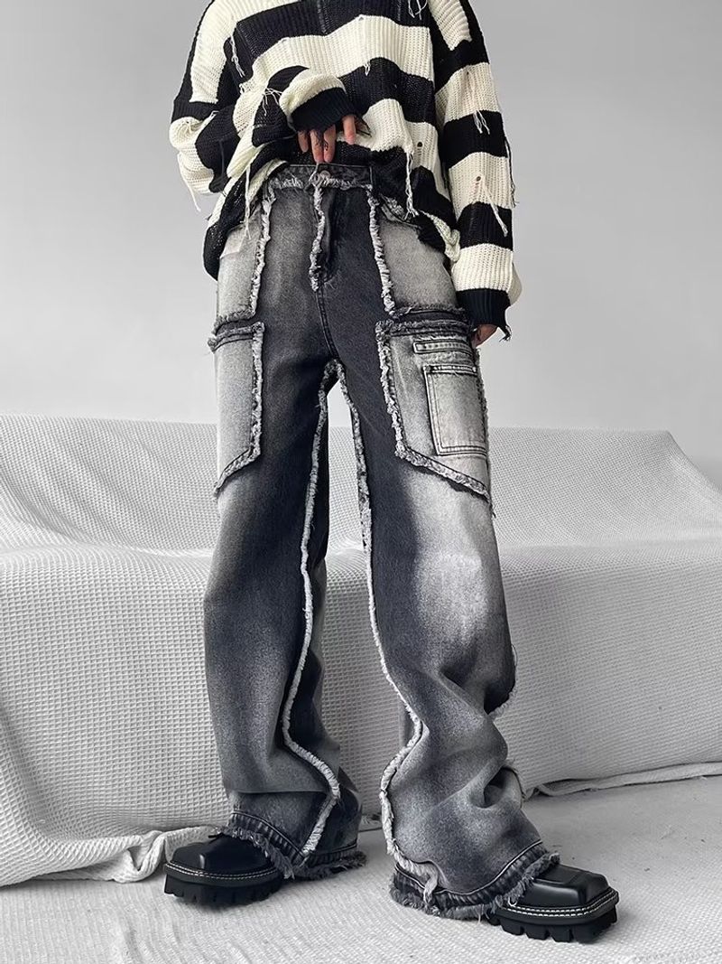 Herrenbekleidung High Street Nischendesign Arbeitsjeans Herren Loose Straight Herbst und Winter Raw Edge Freizeithose Trend_voghion.com